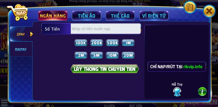 Quy trình nạp tiền qua ngân hàng chuẩn xác - an toàn tại RikVip.
